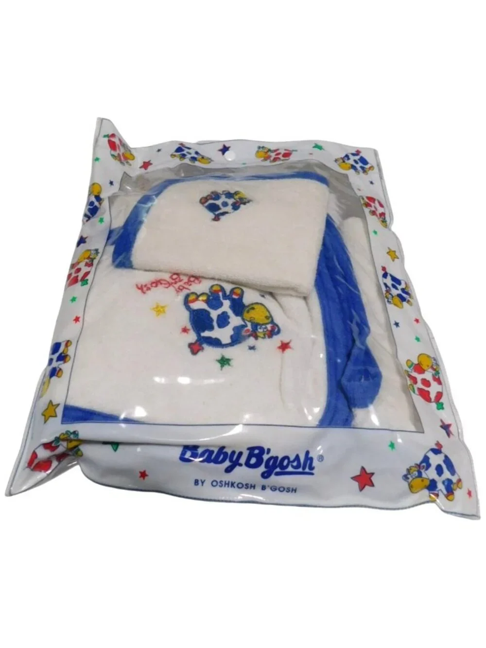 Vintage Oshkosh Baby BGosh Hooded Towel & Washcloth Set Blue & White Cow Print